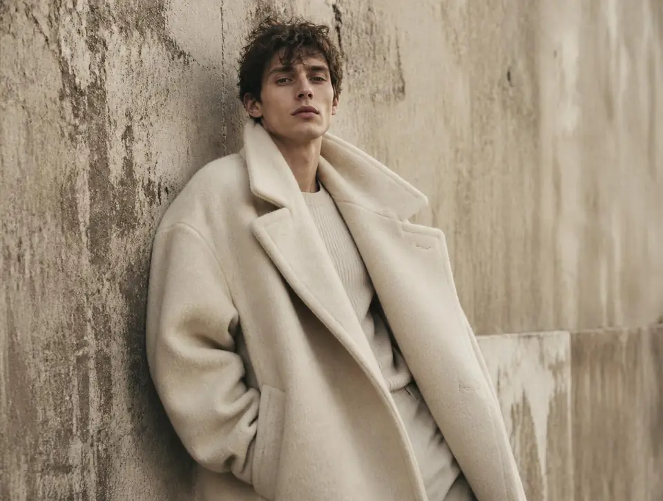 Nuit d'Or editorial campaign — man in an oversized wool coat against concrete